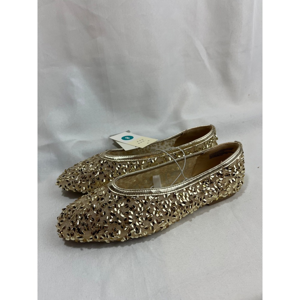 A New Day Womens Gold Sequin Ballet Flats Size 8 Ultimate Comfort Sparkle‎ Shoes